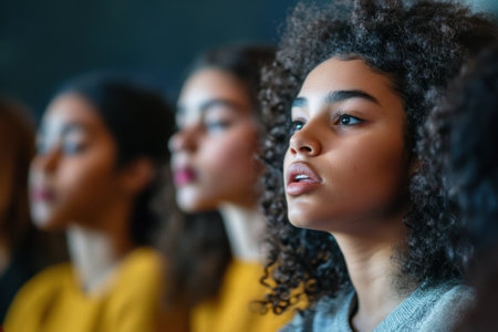 A diverse group of girls listens attentively, showcasing their expressions and participating in a collaborative setting.の写真素材