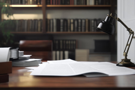 A warm workspace featuring stacks of documents and a desk lamp, surrounded by wooden library shelves.の写真素材