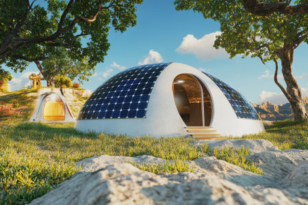 Modern dome-shaped houses powered by solar energy are set in a lush green environment with trees.の写真素材