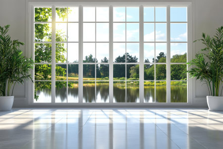 Spacious room features large windows that provide a beautiful view of a peaceful lake and lush trees outside.の写真素材