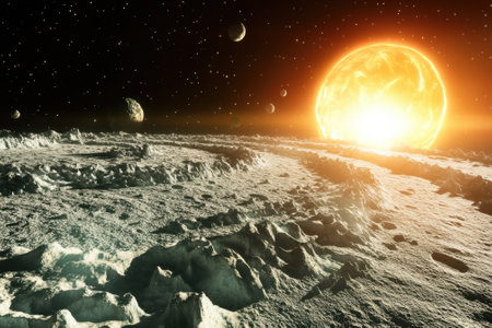 A breathtaking view from a moon showcasing a bright sun illuminating nearby planets and stars in space.の写真素材