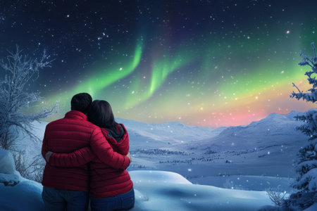Two people embrace while watching the colorful northern lights illuminate the snowy landscape.の写真素材