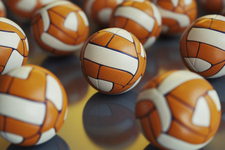 A collection of orange and white volleyballs are neatly arranged on a reflective surface, ready for use.の写真素材