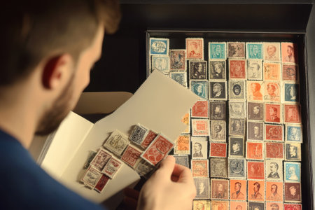 A person sorts and organizes vintage stamps in a personal collection at home during the evening.の写真素材