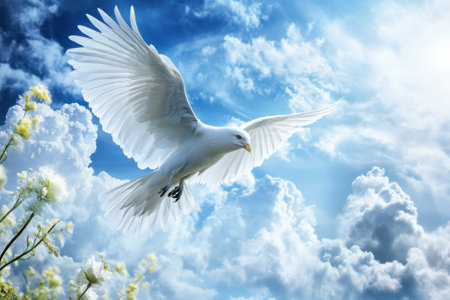 A beautiful white bird glides gracefully in a vibrant sky filled with clouds, showcasing nature's elegance and freedom.の写真素材