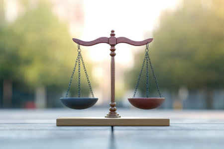 A pair of balance scales sits on a wooden surface, symbolizing justice, surrounded by soft greenery.の写真素材