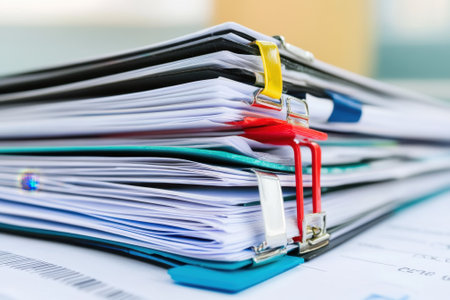 Multiple binders filled with documents are stacked neatly on a table in a bright office environment.の写真素材