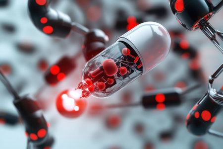 Capsule floats among glowing particles, showing intricate technology and futuristic design elements.の写真素材