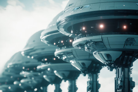 Hovering saucers are lined up against a cloudy sky, showing advanced technology and design in an urban setting.の写真素材