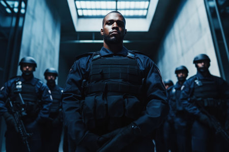 A group of well-equipped officers prepares for action in a modern, dimly lit corridor, exuding authority.の写真素材