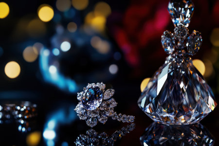 Delicate jewelry rests next to an ornate crystal bottle, illuminated by soft, colorful bokeh lights in the background.の写真素材