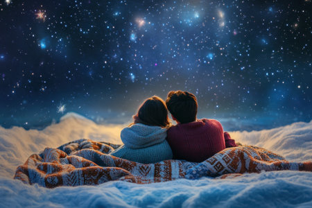 Two people sit closely together, wrapped in a blanket, gazing at a clear starry sky over snow.の写真素材