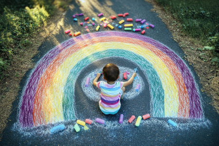 A young child uses chalk to draw a vibrant rainbow on a blacktop path surrounded by greenery.の写真素材