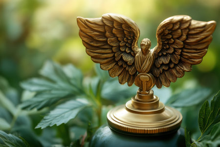 A beautifully crafted golden angel statue stands on a trophy, surrounded by vibrant green plants.の写真素材