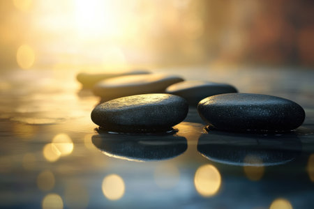 Smooth black stones are arranged on a reflective surface as warm light creates a tranquil atmosphere.の写真素材