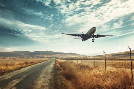 An airplane descends towards an airport, flying low over a dirt road and dry grassland under a blue sky.の写真素材