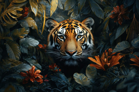 The powerful tiger peers through dense greenery, surrounded by colorful flowers and exotic plants.の写真素材