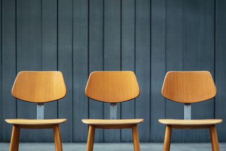 Three wooden chairs are lined up neatly against a gray wooden wall, creating a modern, minimalist look.の写真素材