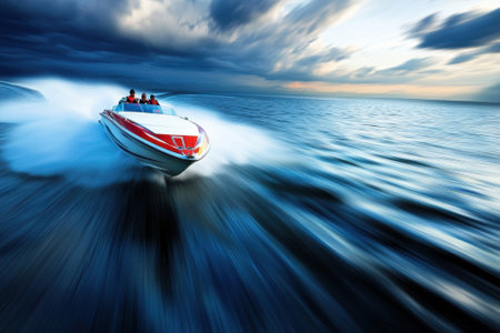 A boat speeds across calm waters as storm clouds gather during sunset, creating a vivid contrast.の写真素材