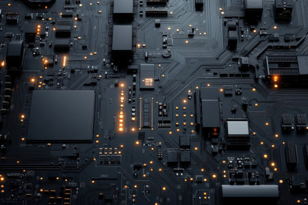 A detailed view of a circuit board reveals its complex layout and illuminated parts in low light.の写真素材