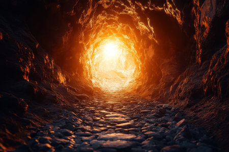 Soft light illuminates a winding tunnel, revealing stones along the pathway as dusk settles.の写真素材