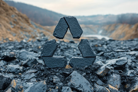 A unique recycling symbol crafted from stones stands prominently in a rocky landscape.の写真素材