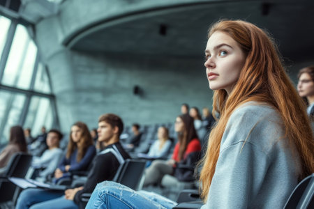 Attendees listen intently as a speaker presents in a contemporary, minimalist auditorium.の写真素材