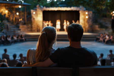 A couple sits closely together, watching a live performance in an outdoor theater at dusk.の写真素材