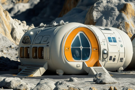 A sleek, modern habitat sits on a rocky surface under a darkening sky, showcasing advanced architecture.の写真素材