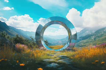 A reflective portal stands amidst a lush mountain landscape filled with wildflowers under a bright blue sky.の写真素材