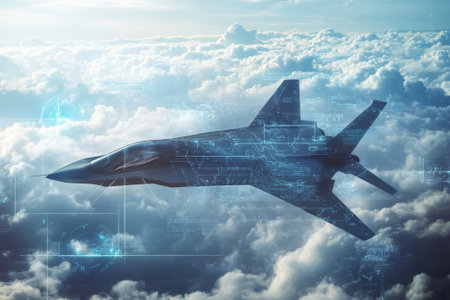A sleek fighter jet navigates through fluffy clouds, displaying digital data and graphics in the background.の写真素材