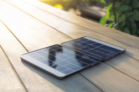 Two solar panels rest on a wooden surface, capturing sunlight during the golden hour, showcasing renewable energy.の写真素材