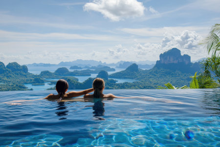 Two friends relax in an infinity pool overlooking lush mountains and a serene blue landscape on a sunny day.の写真素材