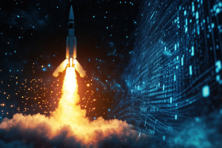 A rocket is launched against a backdrop of digital patterns, flames and smoke enhancing the dynamic scene.の写真素材
