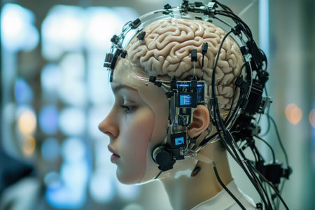 A human-like android with a transparent head showcases a detailed brain interface in a high-tech lab environment.の写真素材