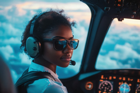 A skilled female pilot confidently navigates her aircraft while wearing sunglasses, surrounded by clouds at sunset.の写真素材