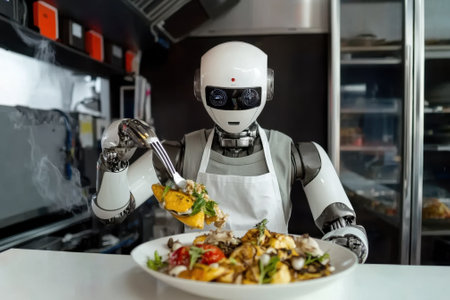A robot chef is skillfully plating a colorful dish in a contemporary kitchen environment.の写真素材
