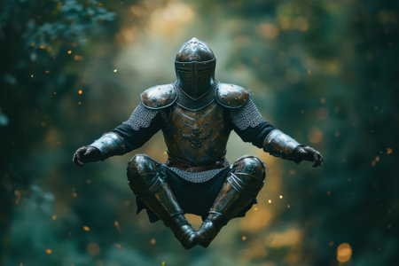 A knight dressed in shiny medieval armor floats above the ground in a tranquil forest at dusk.の写真素材
