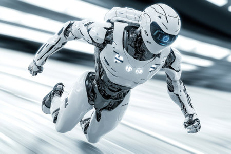 A humanoid robot with a metallic body is sprinting swiftly across a futuristic surface, showing advanced technology.の写真素材