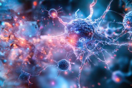 Colorful depiction shows neurons communicating in a complex network, highlighting their intricate connections.の写真素材