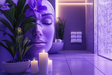 Soft purple tones create a tranquil spa setting with candles, flowers, and decorative plants, encouraging relaxation.の写真素材