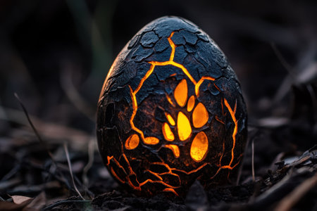 A unique egg with cracked surface emits a warm glow, nestled among dry leaves in the soft twilight light.の写真素材