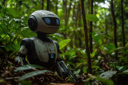 A small robot stands amidst vibrant green foliage in a dense jungle, observing its surroundings.の写真素材