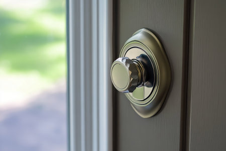 A decorative door knob is prominently featured, showing its polished surface and design.の写真素材