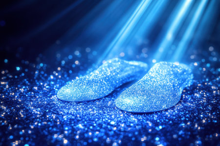 Bright blue shoes covered in glitter shine under radiant beams of light in a mystical atmosphere.の写真素材