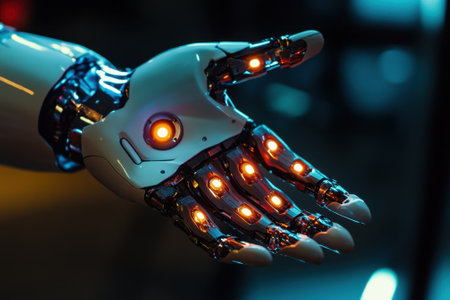 A robotic hand with bright orange lights highlights intricate design and modern technology in a dark setting.の写真素材