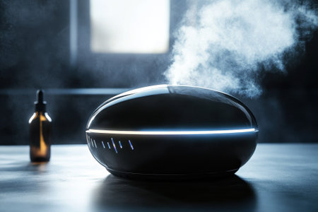 A sleek diffuser emits fragrant mist, creating a calming atmosphere in a cozy indoor environment.の写真素材