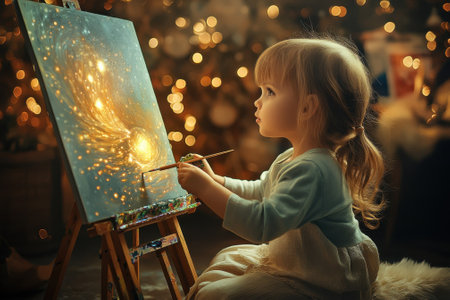 A child creates a vibrant painting of a galaxy while surrounded by twinkling holiday lights.の写真素材