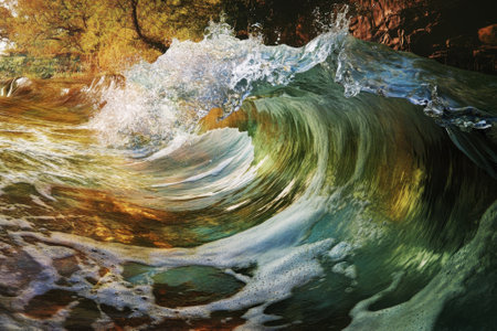 A powerful wave curls and crashes, reflecting sunlight and showing vibrant colors in the water.の写真素材