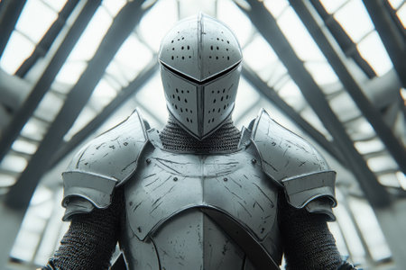 A knight clad in silver armor stands confidently in a contemporary interior filled with natural light.の写真素材